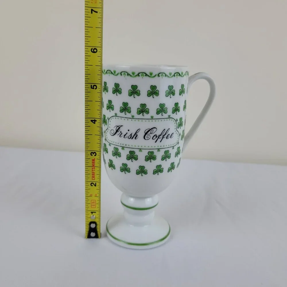 Vintage Irish Coffee Mug Footed Pedestal Green lucky Clover Shamrock 1345, Japan